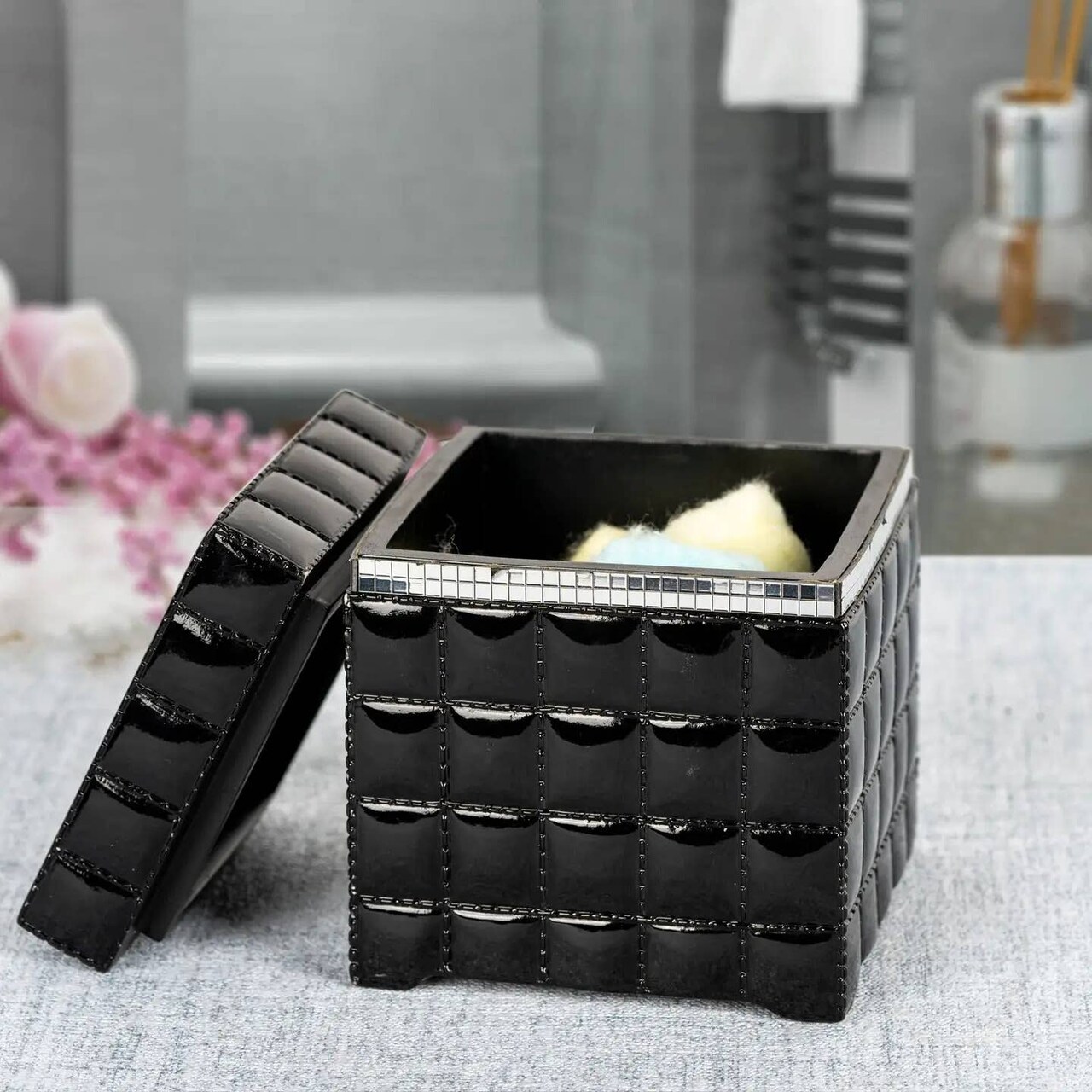 Black Vanity Jar | Stylish Storage for Cotton Swabs,Rounds,Balls,Sponges & Bath Salts | Decorative Canister for Bathroom, Bedroom | Resin